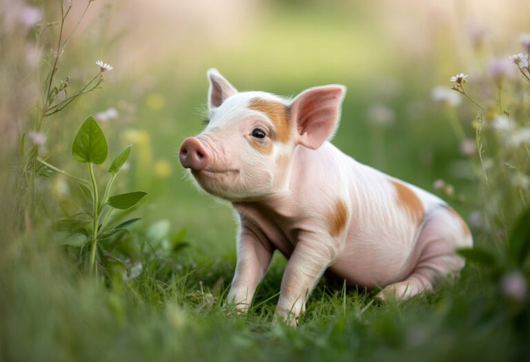 Um porco filhote pequeno deitado na grama verde em um ambiente ao ar livre com flores ao redor.