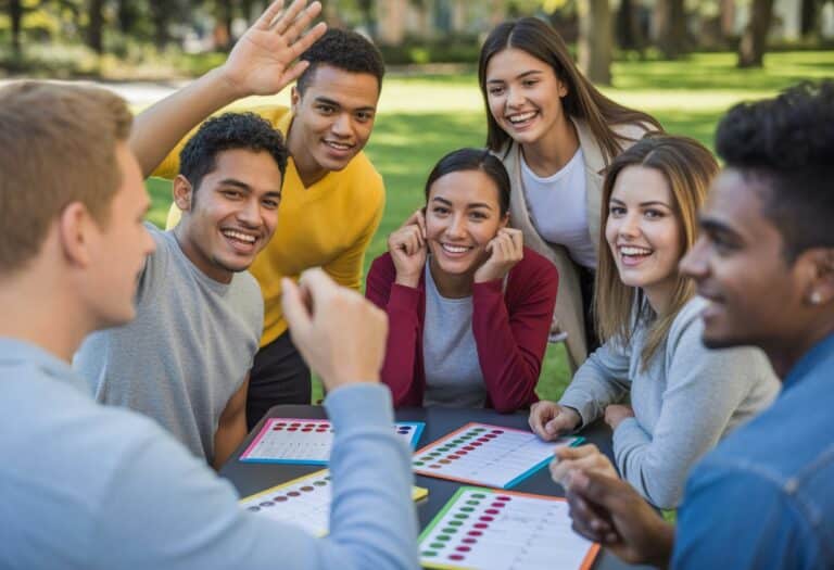 Grupo de jovens participando de uma gincana ao ar livre, interagindo e respondendo perguntas em um ambiente ensolarado e arborizado.