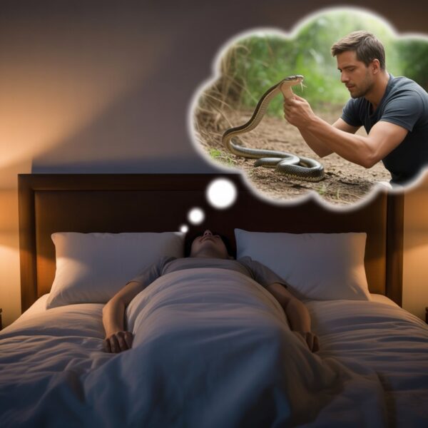 Um homem dormindo tranquilamente em uma cama com uma cena de sonho mostrando ele matando uma cobra em uma floresta.