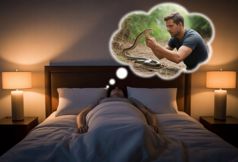Um homem dormindo tranquilamente em uma cama com uma cena de sonho mostrando ele matando uma cobra em uma floresta.