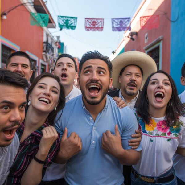Grupo de pessoas expressando uma interjeição mexicana em uma rua colorida com arquitetura tradicional e decorações festivas.