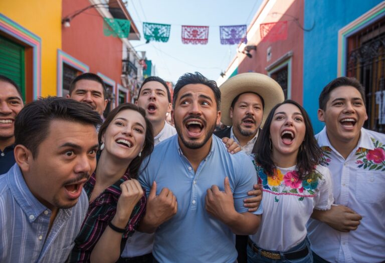 Grupo de pessoas expressando uma interjeição mexicana em uma rua colorida com arquitetura tradicional e decorações festivas.