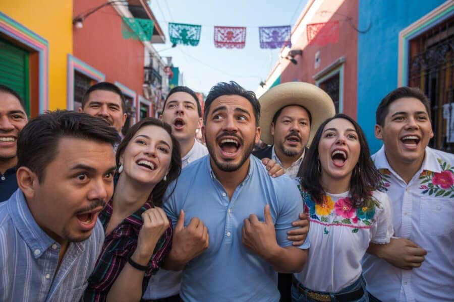 Grupo de pessoas expressando uma interjeição mexicana em uma rua colorida com arquitetura tradicional e decorações festivas.