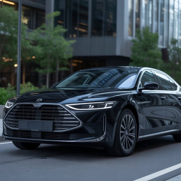 Carro preto Onix estacionado em uma rua urbana moderna com prédios ao fundo.