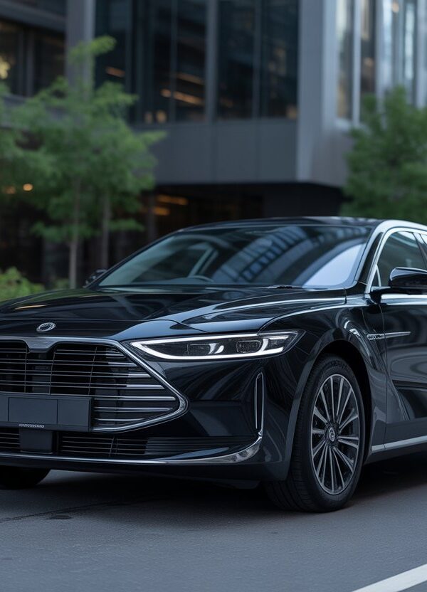 Carro preto Onix estacionado em uma rua urbana moderna com prédios ao fundo.