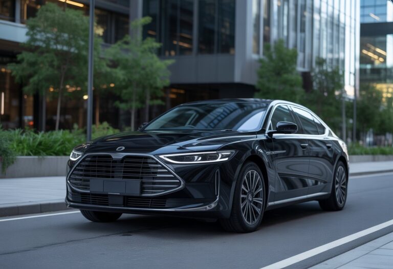 Carro preto Onix estacionado em uma rua urbana moderna com prédios ao fundo.