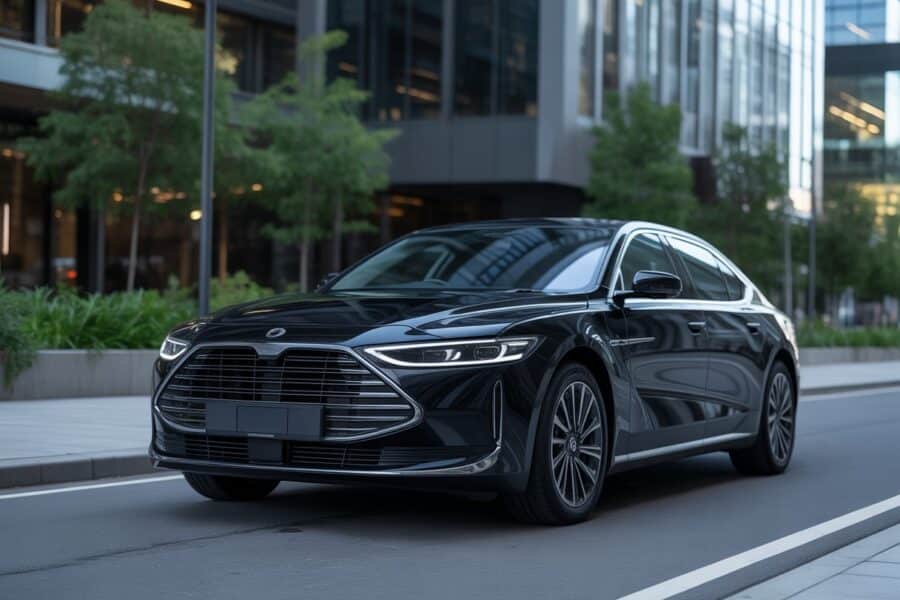 Carro preto Onix estacionado em uma rua urbana moderna com prédios ao fundo.