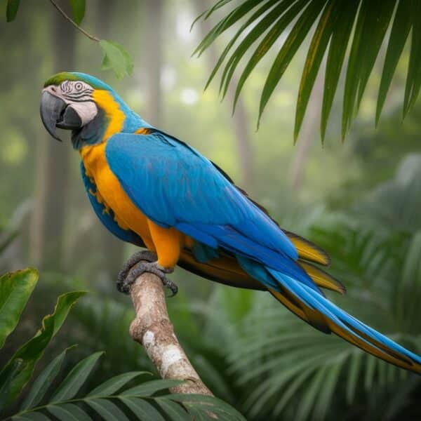 Uma arara azul e amarela pousada em um galho cercado por folhagem verde em uma floresta tropical.