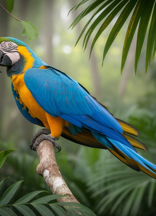Uma arara azul e amarela pousada em um galho cercado por folhagem verde em uma floresta tropical.