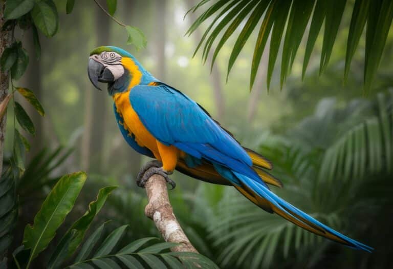 Uma arara azul e amarela pousada em um galho cercado por folhagem verde em uma floresta tropical.