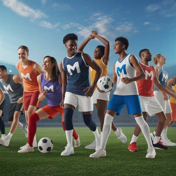 Atletas de diferentes times com uniformes coloridos em ação em um campo de estádio, representando equipes que começam com a letra M.