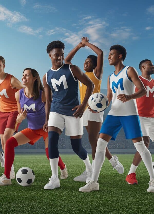 Atletas de diferentes times com uniformes coloridos em ação em um campo de estádio, representando equipes que começam com a letra M.