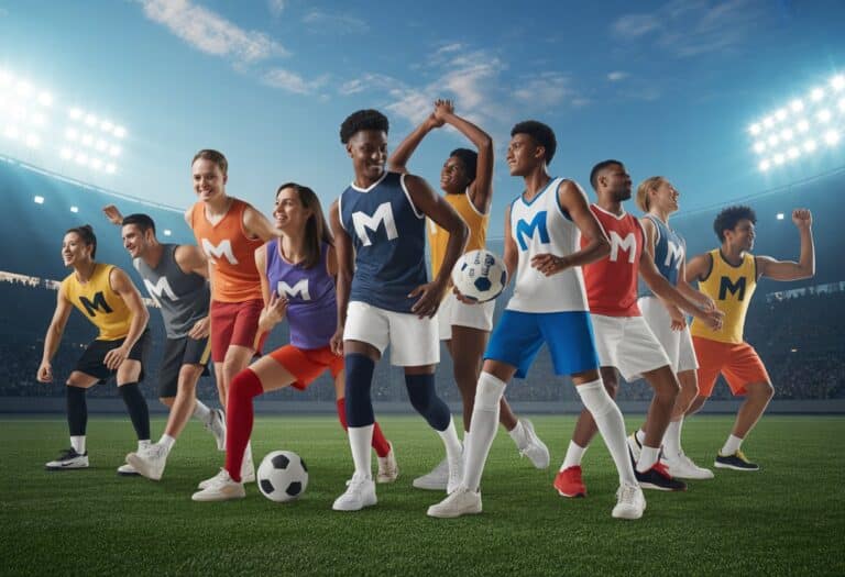 Atletas de diferentes times com uniformes coloridos em ação em um campo de estádio, representando equipes que começam com a letra M.