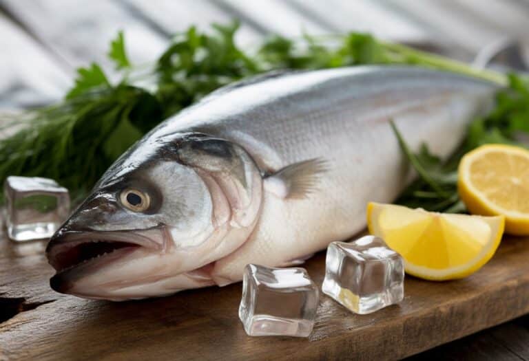 Peixe merluza fresco sobre superfície de madeira com gelo, ervas e fatias de limão ao redor.