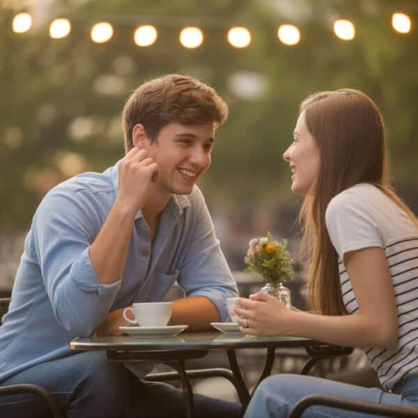 Um jovem casal sorrindo e conversando em um café ao ar livre durante o pôr do sol.