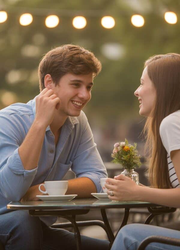 Um jovem casal sorrindo e conversando em um café ao ar livre durante o pôr do sol.