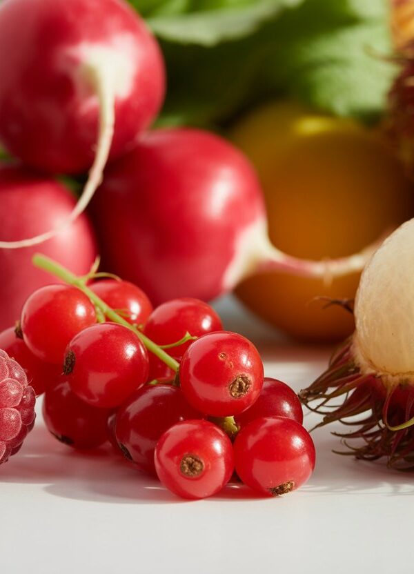 Uma variedade de frutas frescas que começam com a letra R, incluindo framboesas, rabanetes, groselhas vermelhas e rambutan, dispostas sobre uma superfície branca.