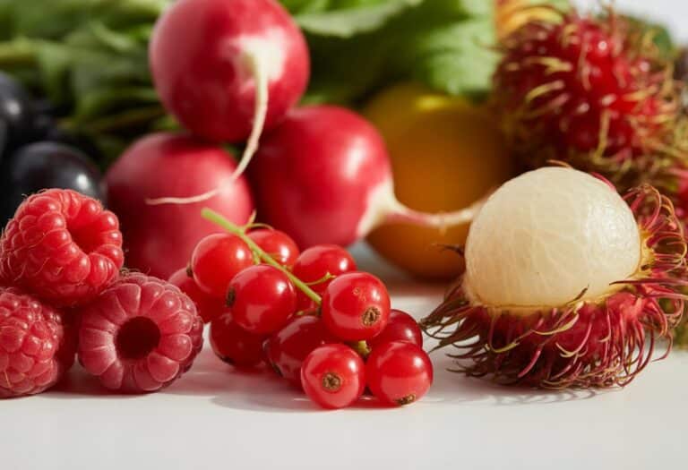 Uma variedade de frutas frescas que começam com a letra R, incluindo framboesas, rabanetes, groselhas vermelhas e rambutan, dispostas sobre uma superfície branca.