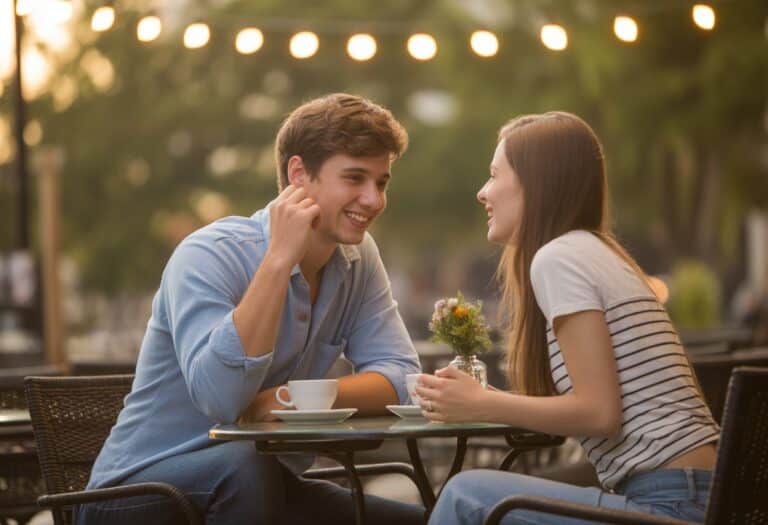 Um jovem casal sorrindo e conversando em um café ao ar livre durante o pôr do sol.
