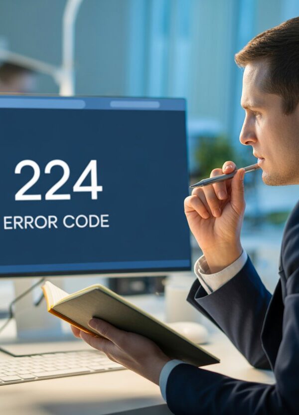 Profissional de TI analisando uma tela de computador com expressão preocupada em um ambiente de escritório moderno.