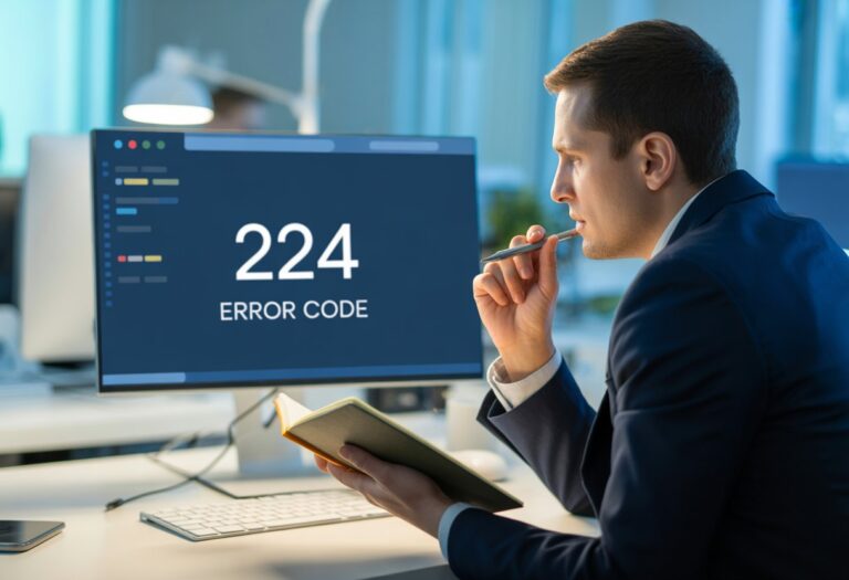 Profissional de TI analisando uma tela de computador com expressão preocupada em um ambiente de escritório moderno.
