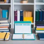 Uma mesa com uma disposição organizada de livros, cadernos e materiais de estudo, com um calendário e um planejador abertos em um cronograma.