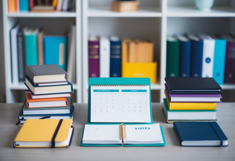 Uma mesa com uma disposição organizada de livros, cadernos e materiais de estudo, com um calendário e um planejador abertos em um cronograma.