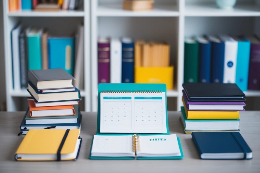 Uma mesa com uma disposição organizada de livros, cadernos e materiais de estudo, com um calendário e um planejador abertos em um cronograma.