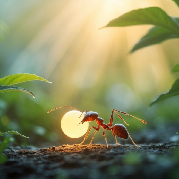 Uma formiga carregando uma pequena luz brilhante nas costas, em um ambiente natural com folhas verdes e luz suave ao fundo.