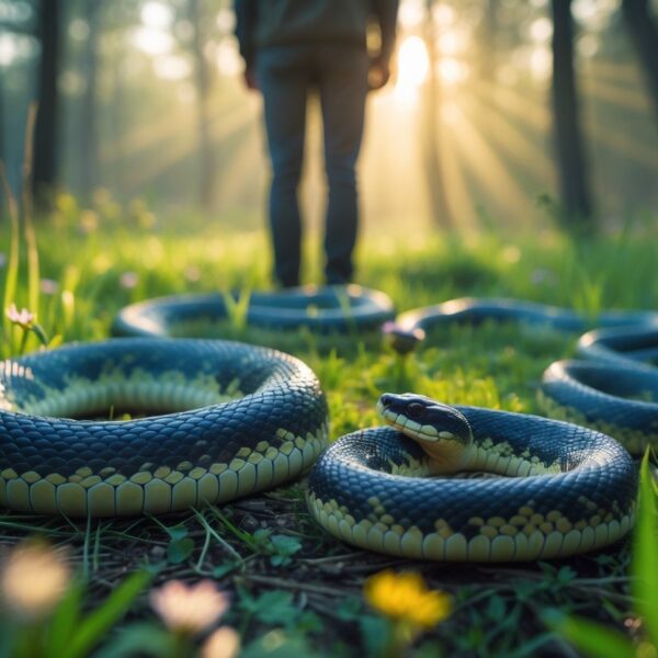 Pessoa em um ambiente natural ao amanhecer com cobras vivas enroladas na grama, transmitindo uma sensação de mistério e transformação.