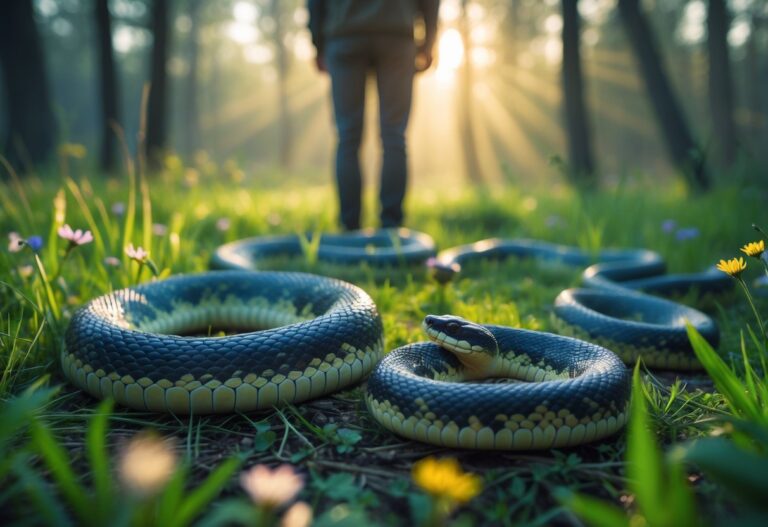 Pessoa em um ambiente natural ao amanhecer com cobras vivas enroladas na grama, transmitindo uma sensação de mistério e transformação.