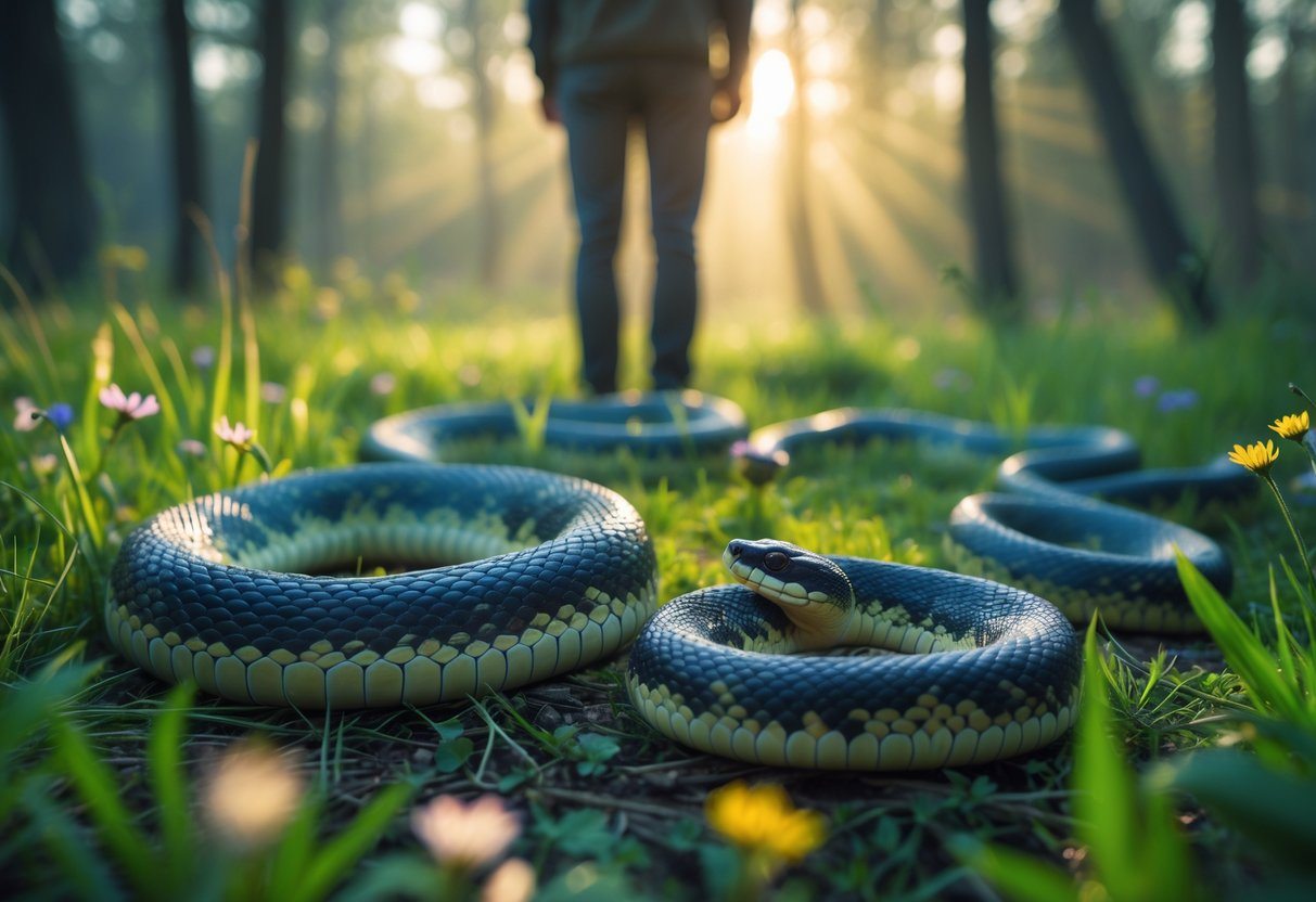 Pessoa em um ambiente natural ao amanhecer com cobras vivas enroladas na grama, transmitindo uma sensação de mistério e transformação.
