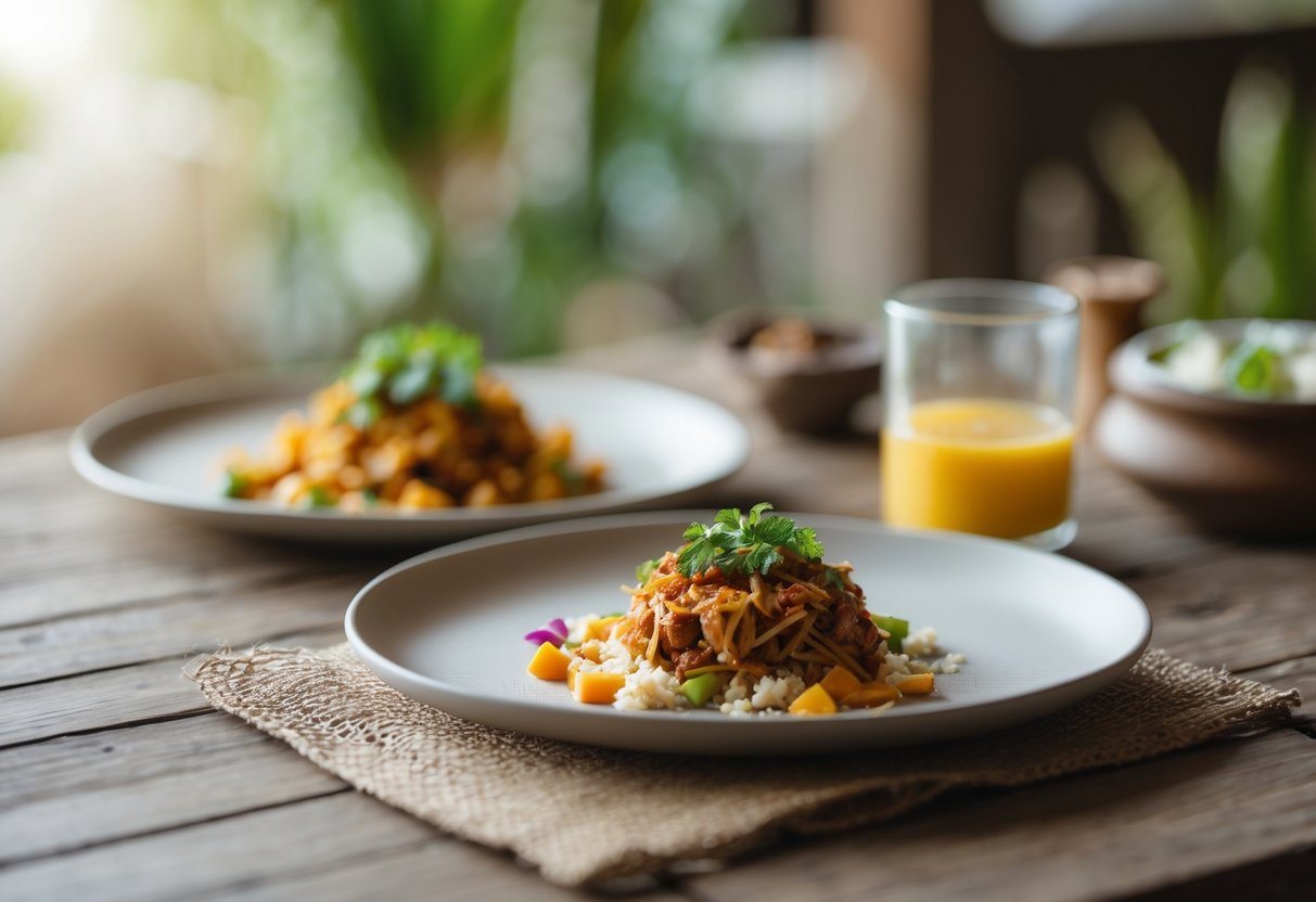 Prato simples com comida modesta sobre uma mesa de madeira, representando uma versão acessível de uma refeição sofisticada.