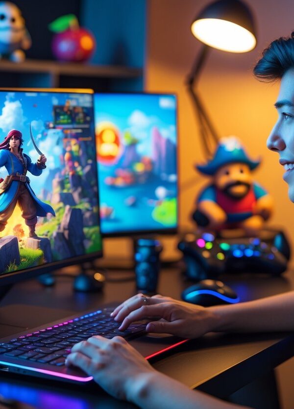 Pessoa jovem sentada em uma mesa moderna usando um laptop com gráficos coloridos de jogo, em um ambiente aconchegante com acessórios de videogame ao redor.