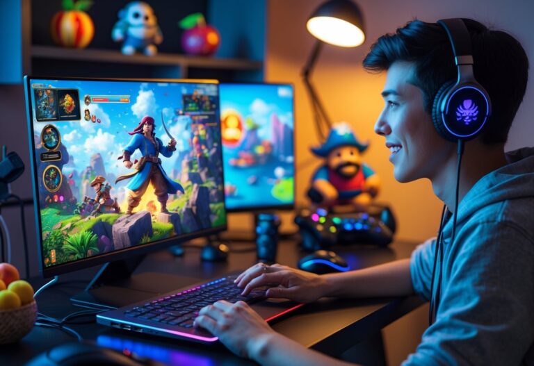 Pessoa jovem sentada em uma mesa moderna usando um laptop com gráficos coloridos de jogo, em um ambiente aconchegante com acessórios de videogame ao redor.