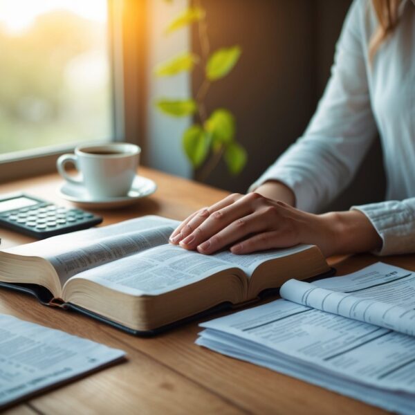Mesa com Bíblia aberta, documentos financeiros, calculadora e uma xícara de café, com mãos descansando sobre a Bíblia em um ambiente iluminado por luz natural.