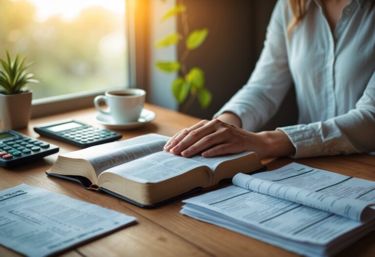Mesa com Bíblia aberta, documentos financeiros, calculadora e uma xícara de café, com mãos descansando sobre a Bíblia em um ambiente iluminado por luz natural.