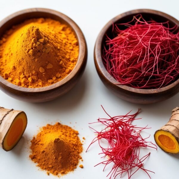 Dois potes pequenos com pó de cúrcuma amarelo e fios vermelhos de açafrão, acompanhados por raízes de cúrcuma e fios de açafrão sobre fundo branco.