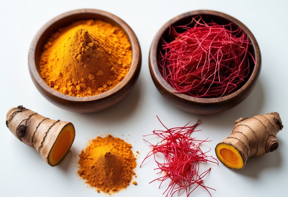 Dois potes pequenos com pó de cúrcuma amarelo e fios vermelhos de açafrão, acompanhados por raízes de cúrcuma e fios de açafrão sobre fundo branco.