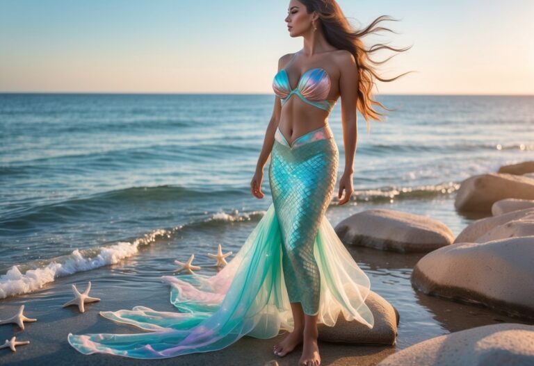 Mulher em pé sobre pedras à beira do mar ao pôr do sol, com vestido fluido que lembra escamas de sereia, cercada por conchas e ondas suaves.