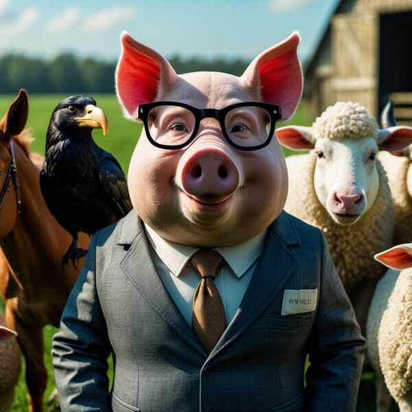 Animais de fazenda antropomórficos representando personagens da Revolução dos Bichos em uma fazenda, incluindo um porco de aparência sábia, um cavalo forte, um corvo e ovelhas, todos com expressões humanas.
