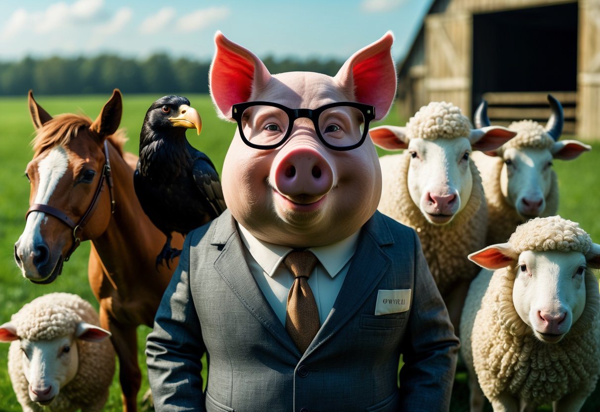 Animais de fazenda antropomórficos representando personagens da Revolução dos Bichos em uma fazenda, incluindo um porco de aparência sábia, um cavalo forte, um corvo e ovelhas, todos com expressões humanas.