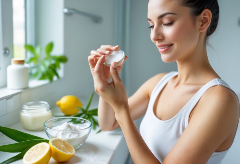 Mulher aplicando um tratamento caseiro natural nas axilas em um banheiro com ingredientes frescos ao redor.