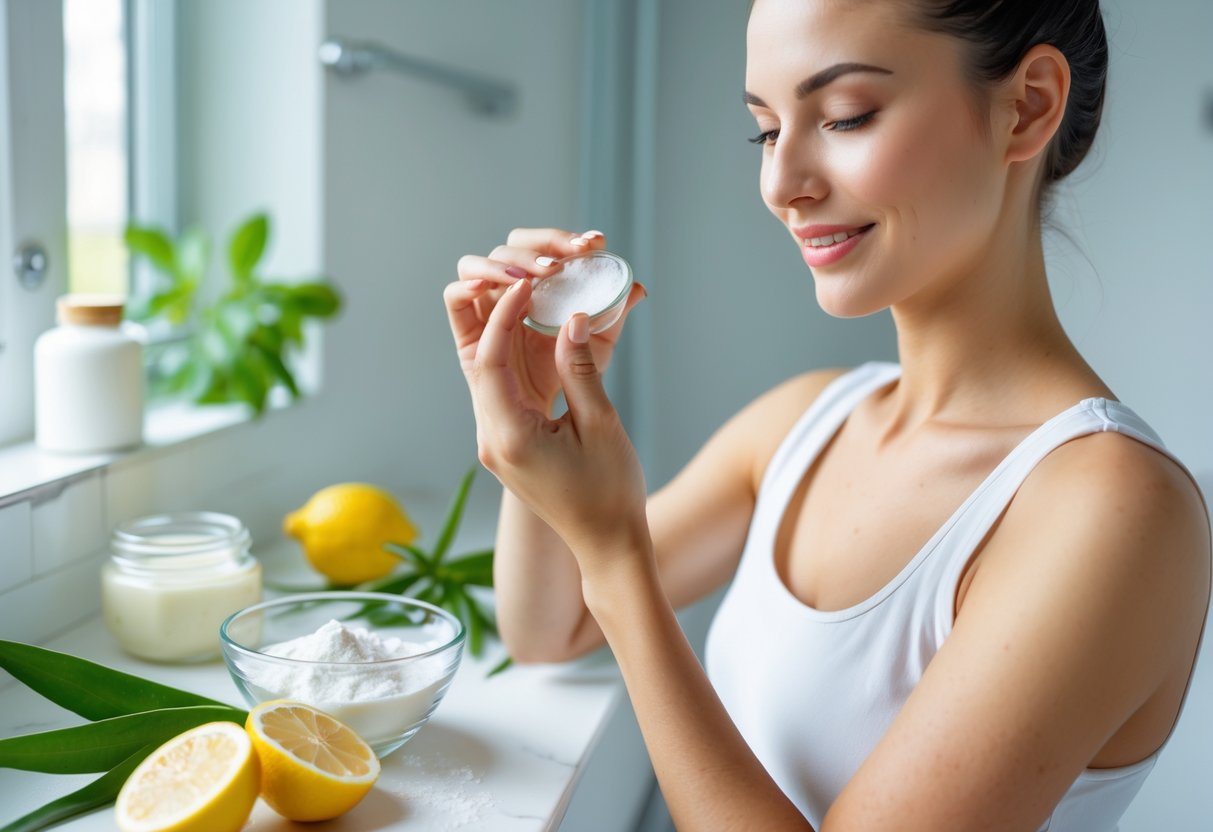 Mulher aplicando um tratamento caseiro natural nas axilas em um banheiro com ingredientes frescos ao redor.
