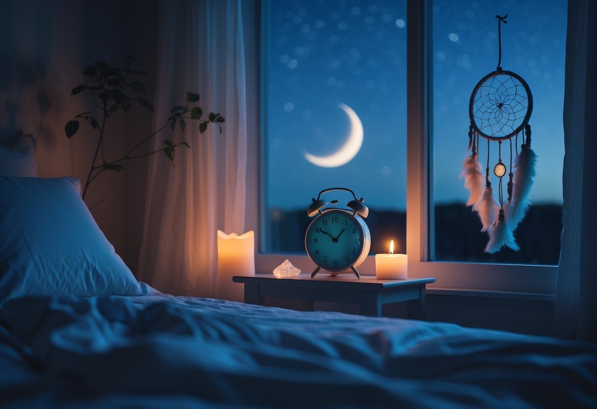 Quarto tranquilo à noite com relógio marcando 3 horas da manhã, vela acesa, cristal e céu estrelado visível pela janela.