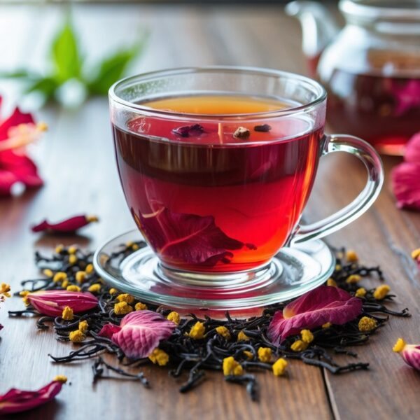Uma xícara de chá de hibisco vermelho em uma mesa de madeira com flores e pétalas de hibisco ao redor.