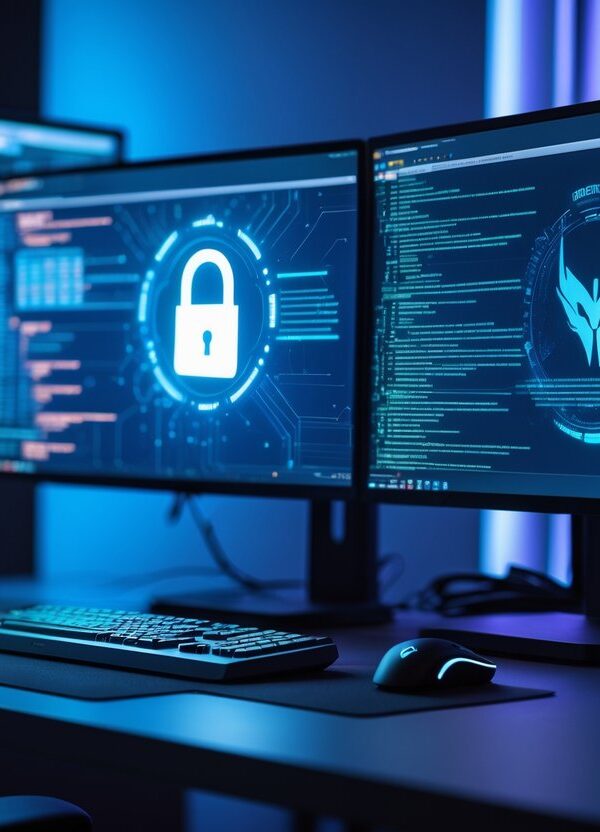 Uma estação de trabalho moderna com computador e múltiplos monitores exibindo interfaces digitais de segurança e elementos relacionados ao jogo Valorant.
