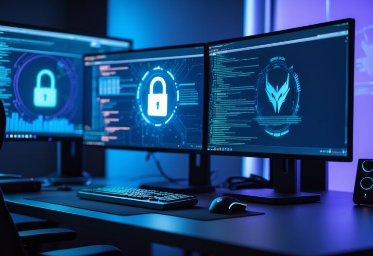 Uma estação de trabalho moderna com computador e múltiplos monitores exibindo interfaces digitais de segurança e elementos relacionados ao jogo Valorant.