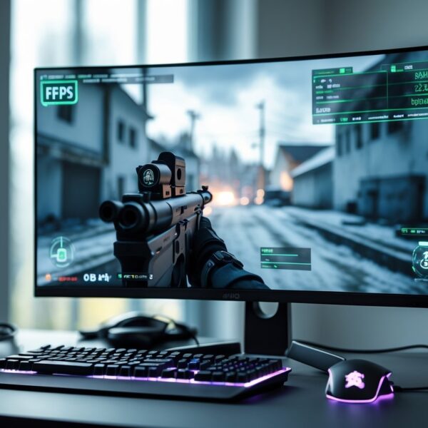 Setup de jogos com monitor mostrando gameplay de tiro em primeira pessoa e contador de FPS no canto da tela.