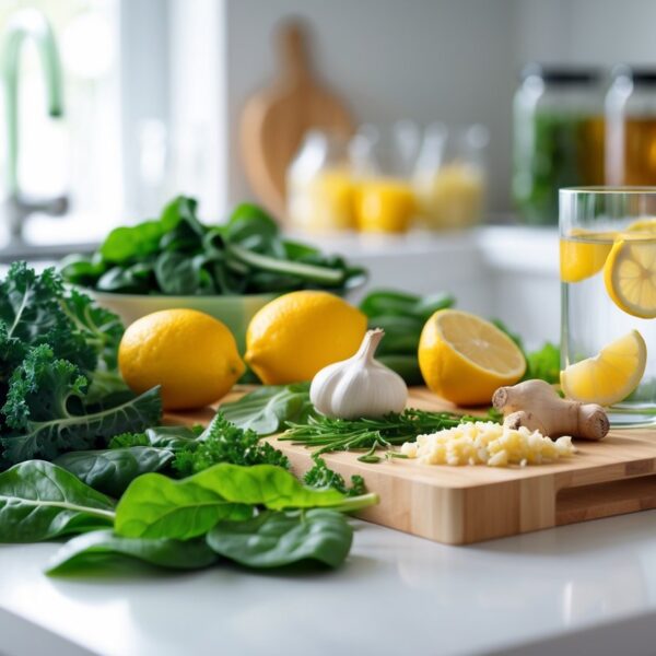Bancada de cozinha com ingredientes frescos para saúde do fígado e rins, incluindo verduras, frutas cítricas, chá em jarros de vidro e água com limão.